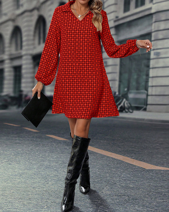 Printed Long Sleeve Dress with Lapel