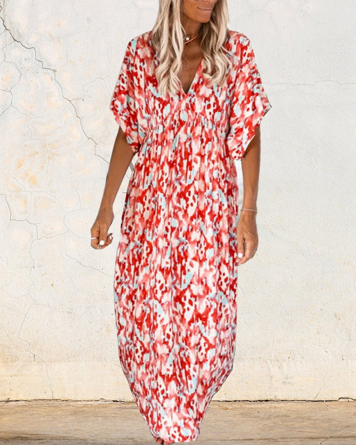 Trendy V-neck Printed Dress with Short Sleeves