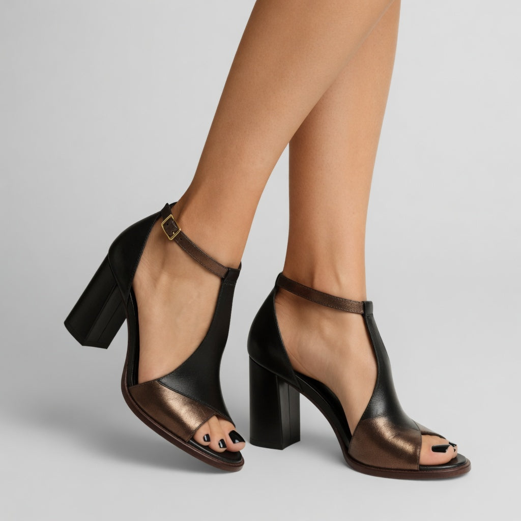 Elwira™ — Two-tone block heel sandals with bold urban elegance