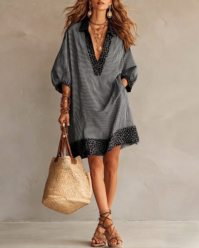 Leopard Print Panel Dress with Puff Sleeves and Striped Shirt