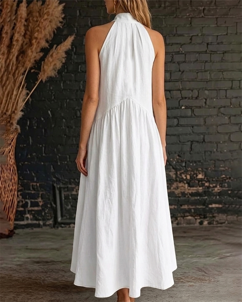 100% Cotton Sleeveless High Neck Solid Maxi Dress