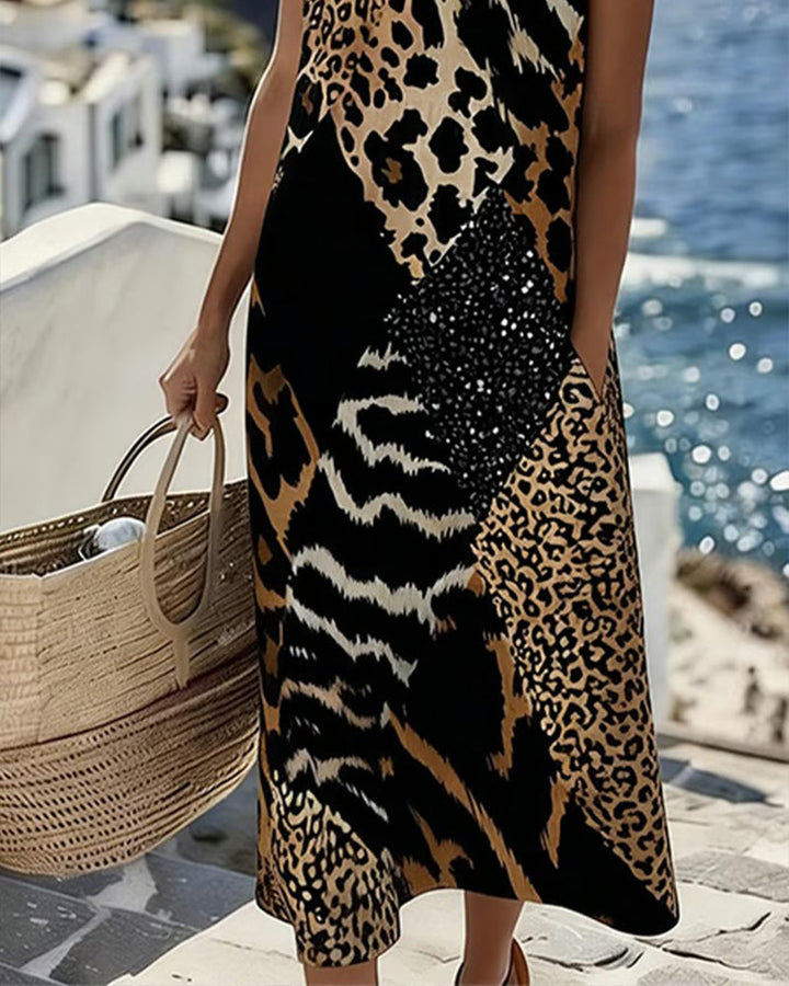 Sleeveless Long Leopard Print Patchwork Dress