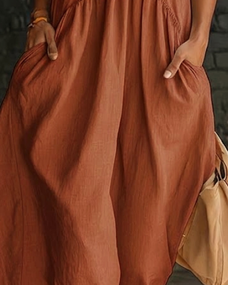 100% Cotton Sleeveless High Neck Solid Maxi Dress