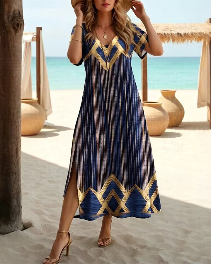 V-Neck Printed Vacation Maxi Dress