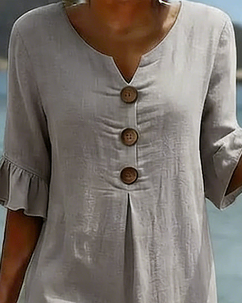 Buttoned Ruffled Sleeve Dress 100% Cotton