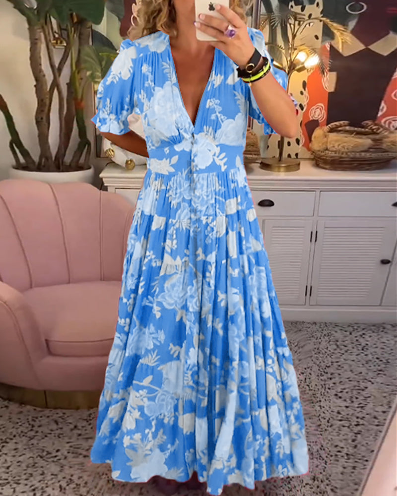 V-Neck Floral Print Pocket Dress