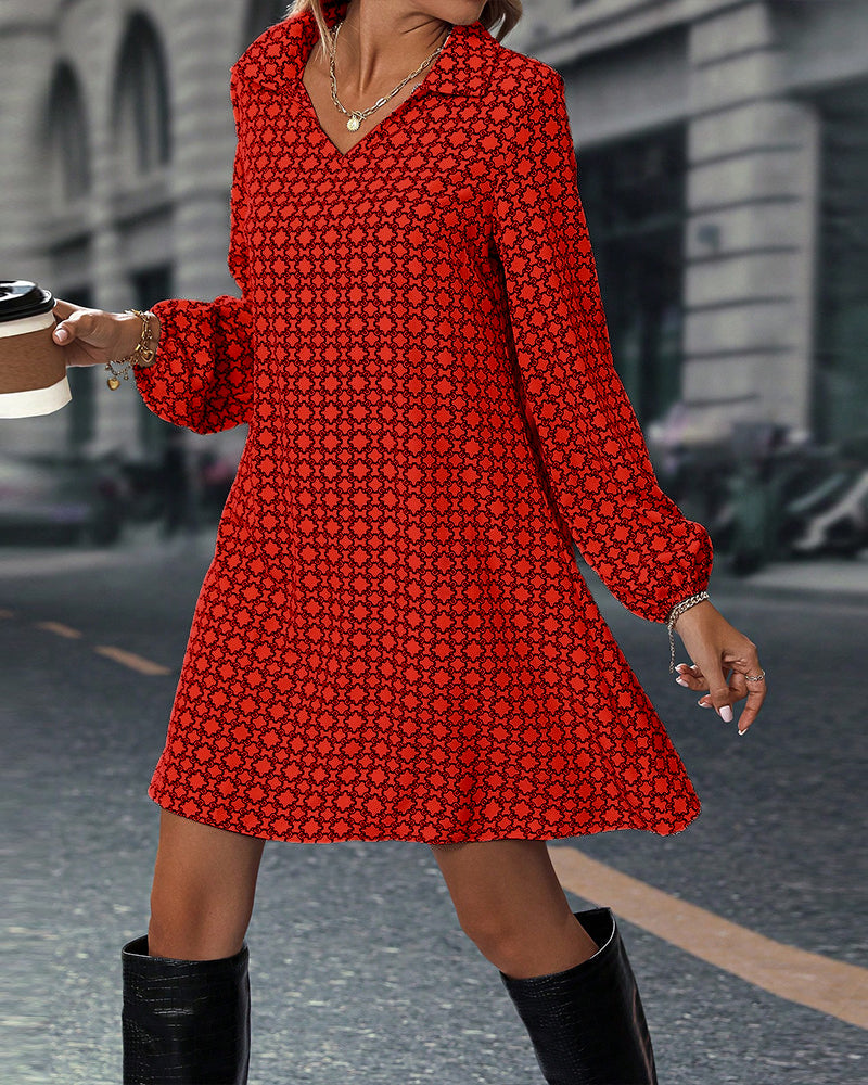 Printed Long Sleeve Dress with Lapel