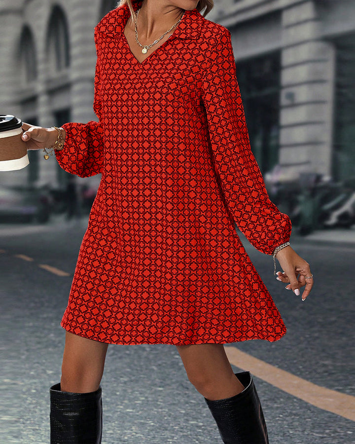 Printed Long Sleeve Dress with Lapel
