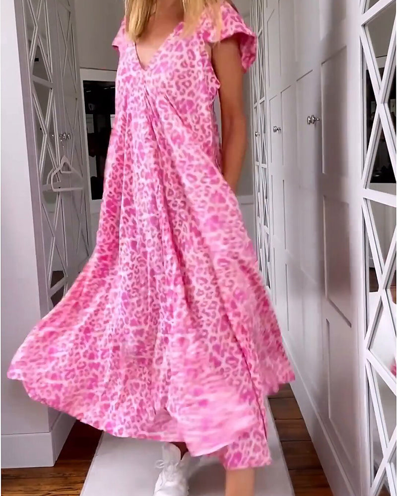 Long V-neck printed dress with short sleeves