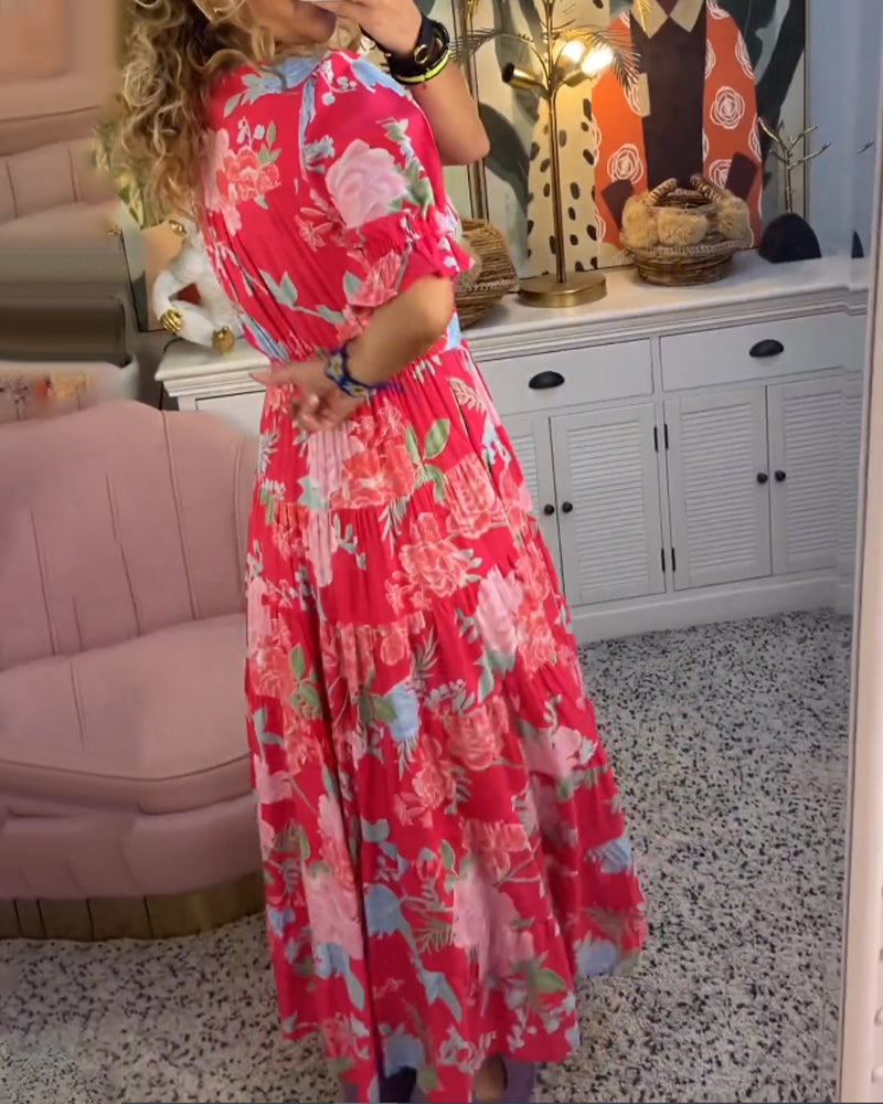 V-Neck Floral Print Pocket Dress