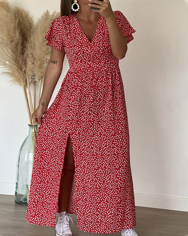 Long Printed Dress with V-Neck