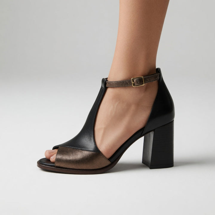 Elwira™ — Two-tone block heel sandals with bold urban elegance