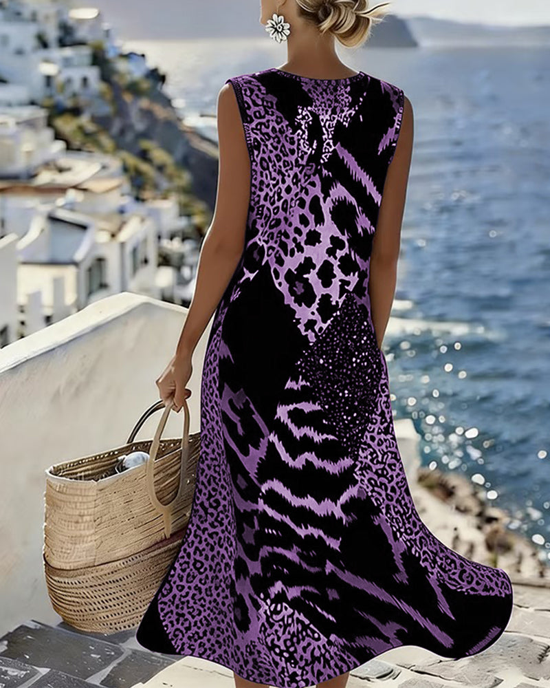 Sleeveless Long Leopard Print Patchwork Dress
