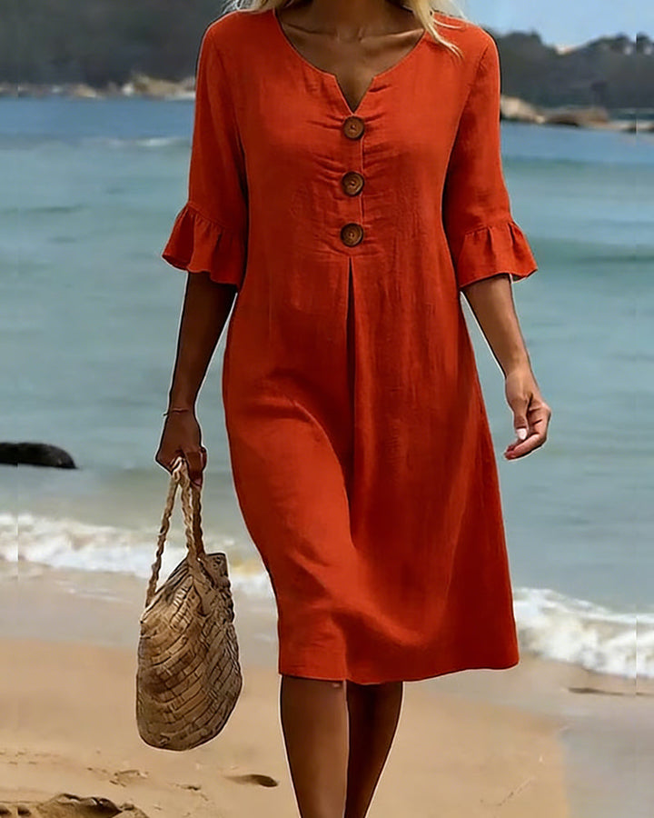 Buttoned Ruffled Sleeve Dress 100% Cotton