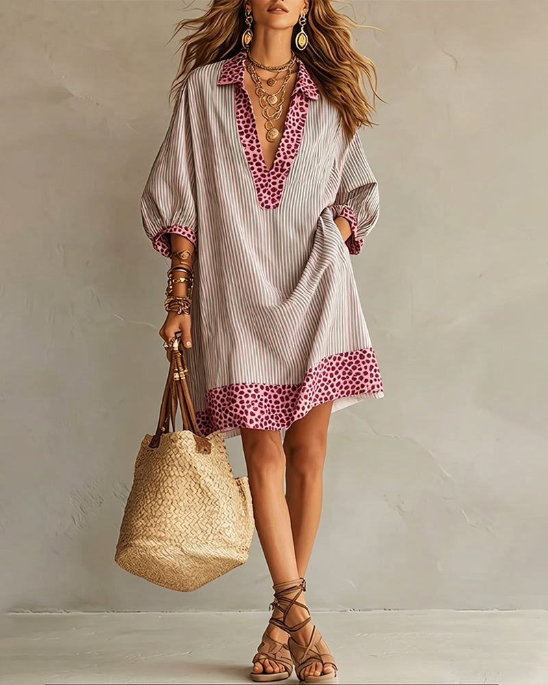 Leopard Print Panel Dress with Puff Sleeves and Striped Shirt