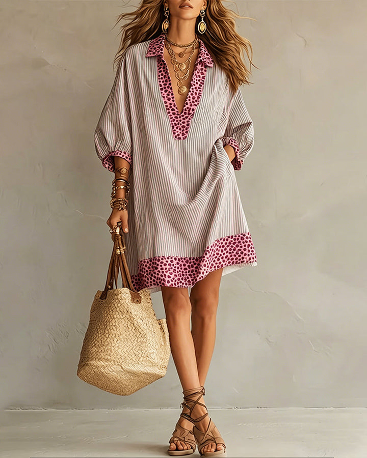 Leopard Print Panel Dress with Puff Sleeves and Striped Shirt