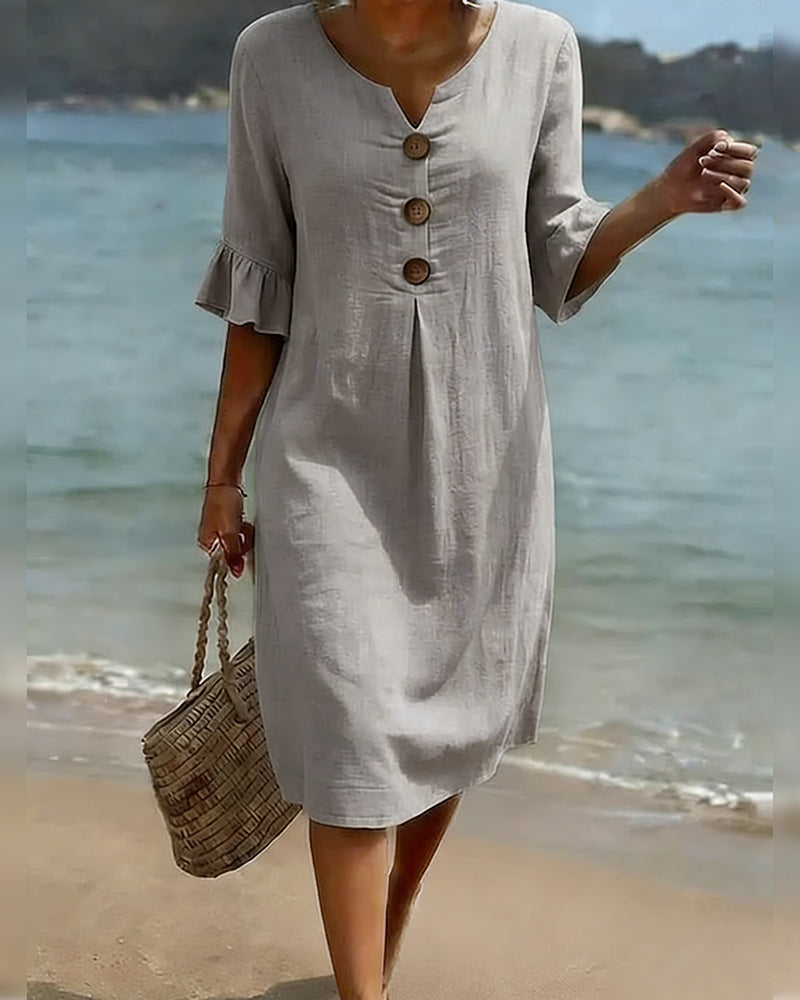 Buttoned Ruffled Sleeve Dress 100% Cotton