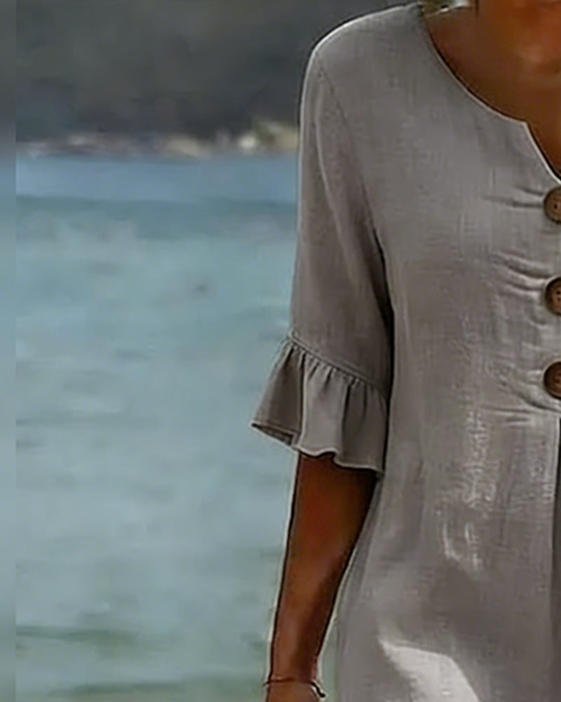 Buttoned Ruffled Sleeve Dress 100% Cotton