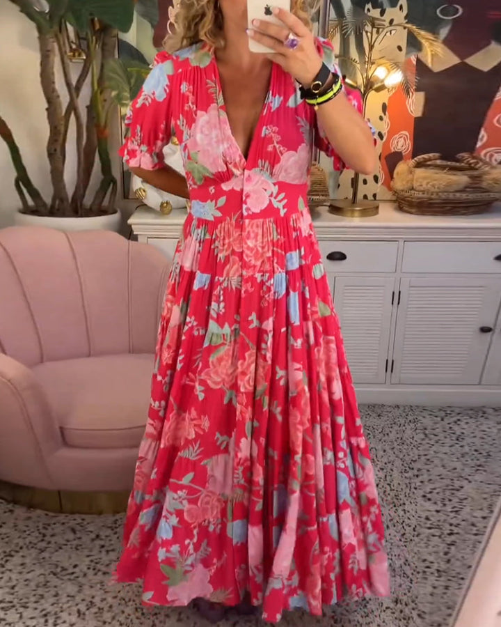V-Neck Floral Print Pocket Dress