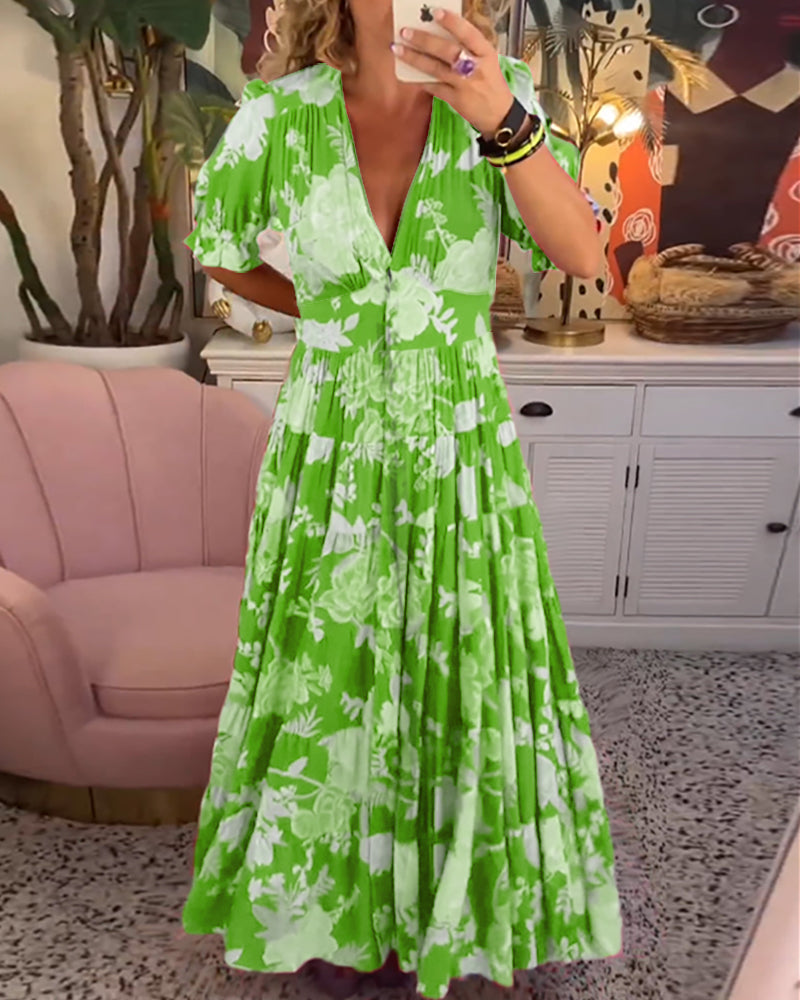 V-Neck Floral Print Pocket Dress