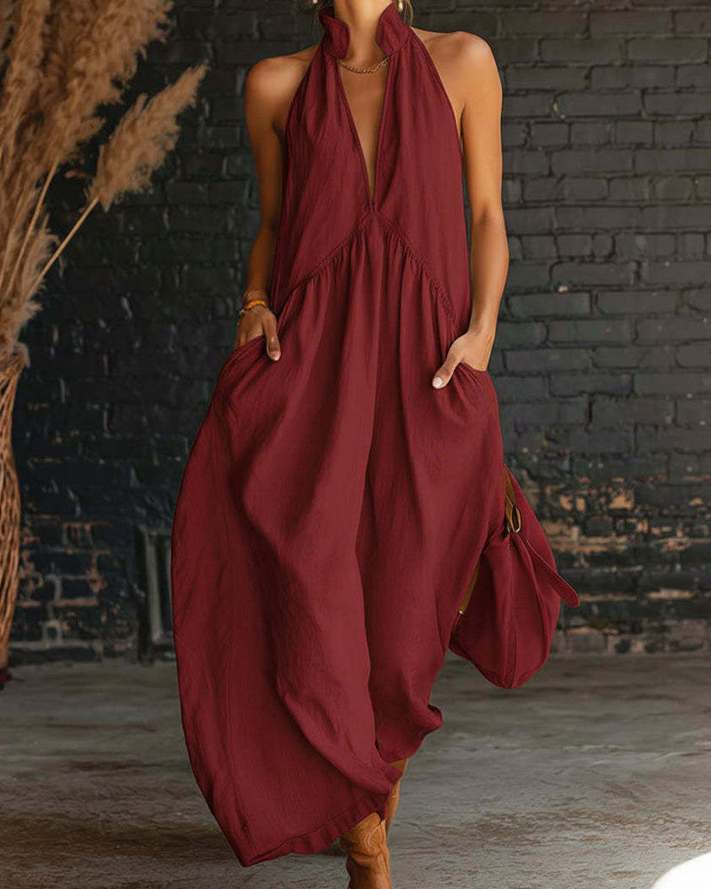 100% Cotton Sleeveless High Neck Solid Maxi Dress