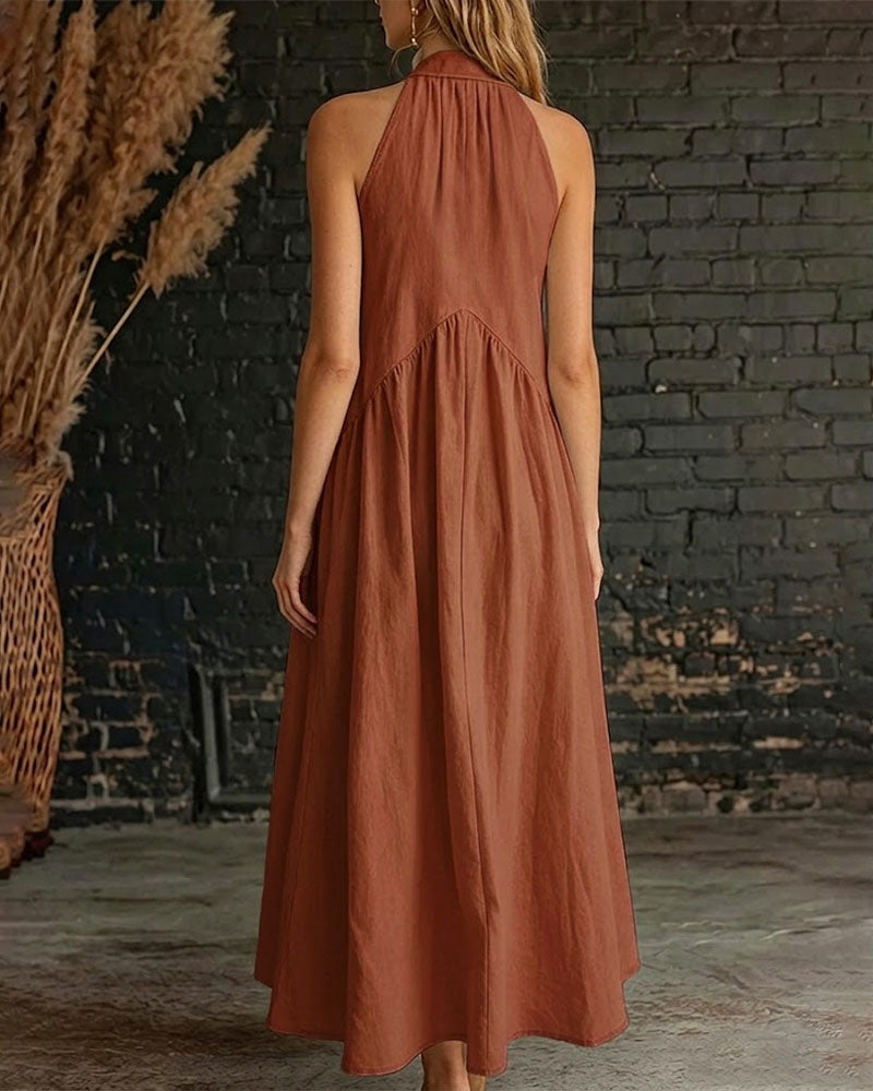 100% Cotton Sleeveless High Neck Solid Maxi Dress