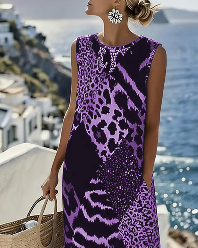 Sleeveless Long Leopard Print Patchwork Dress