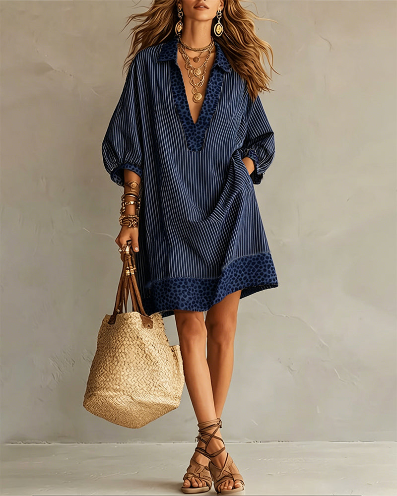 Leopard Print Panel Dress with Puff Sleeves and Striped Shirt