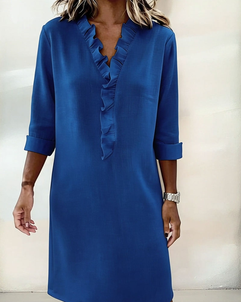 Ruffled V-Neck Solid Dress