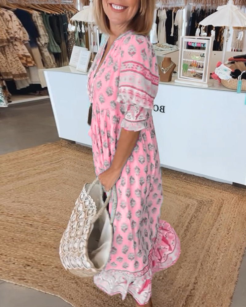 MANA | CHIC FLORAL MIDI DRESS WITH V-NECK