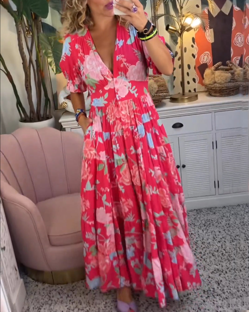 V-Neck Floral Print Pocket Dress