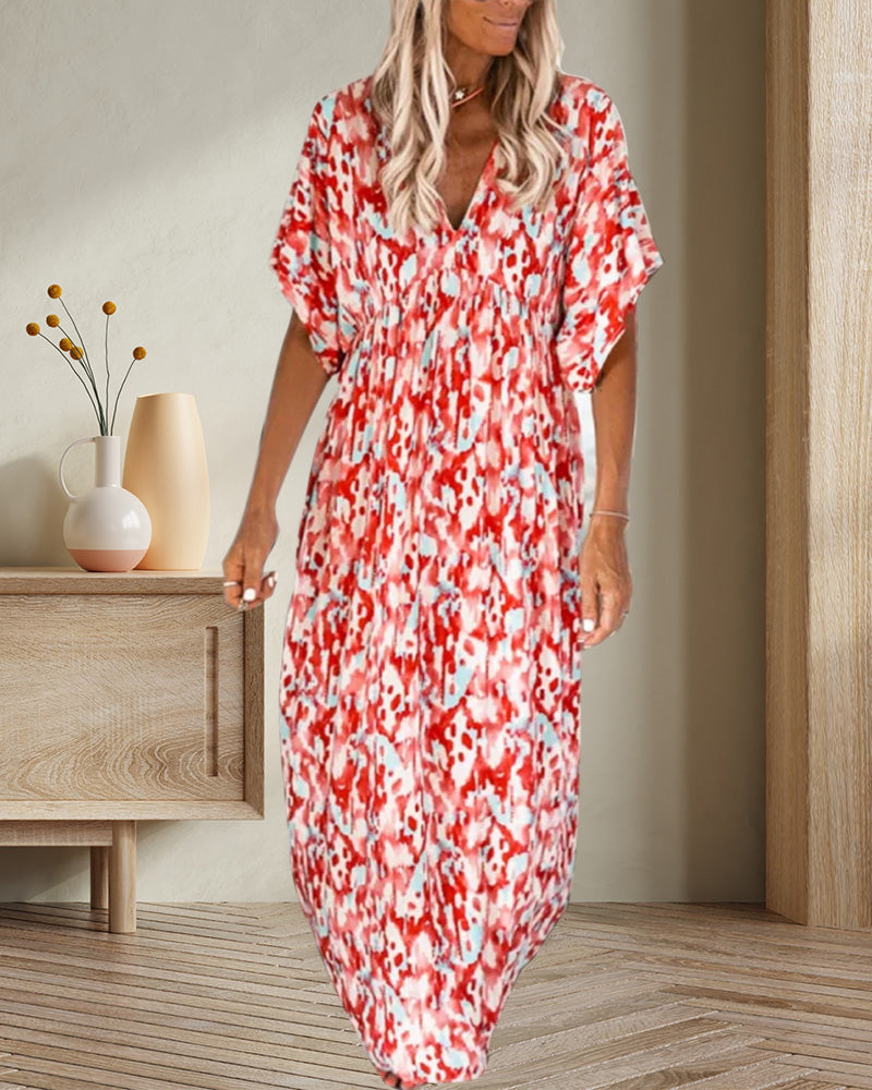 Trendy V-neck Printed Dress with Short Sleeves