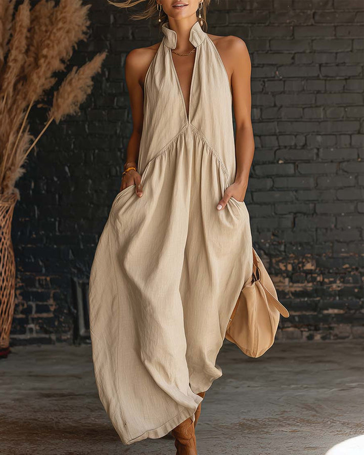100% Cotton Sleeveless High Neck Solid Maxi Dress