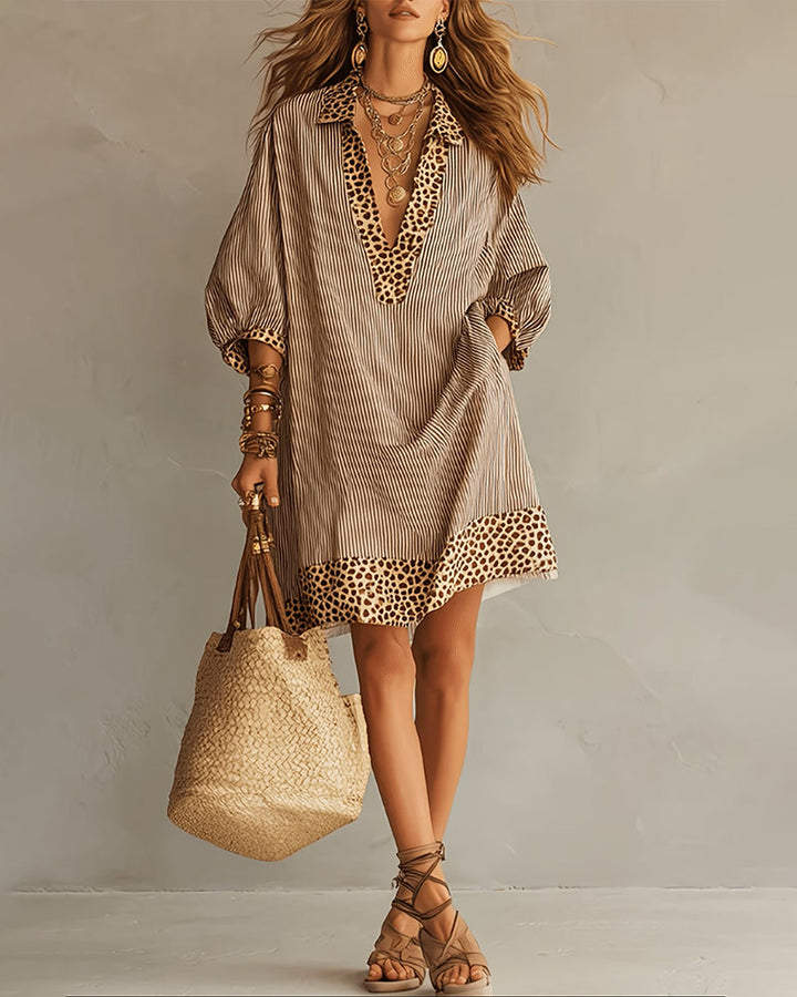 Leopard Print Panel Dress with Puff Sleeves and Striped Shirt