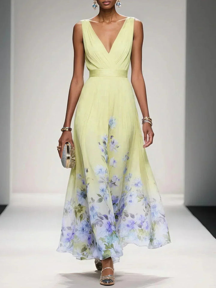 Rose | Light Blue Floral Chiffon Maxi Dress with V-Neck