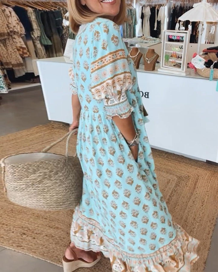 MANA | CHIC FLORAL MIDI DRESS WITH V-NECK