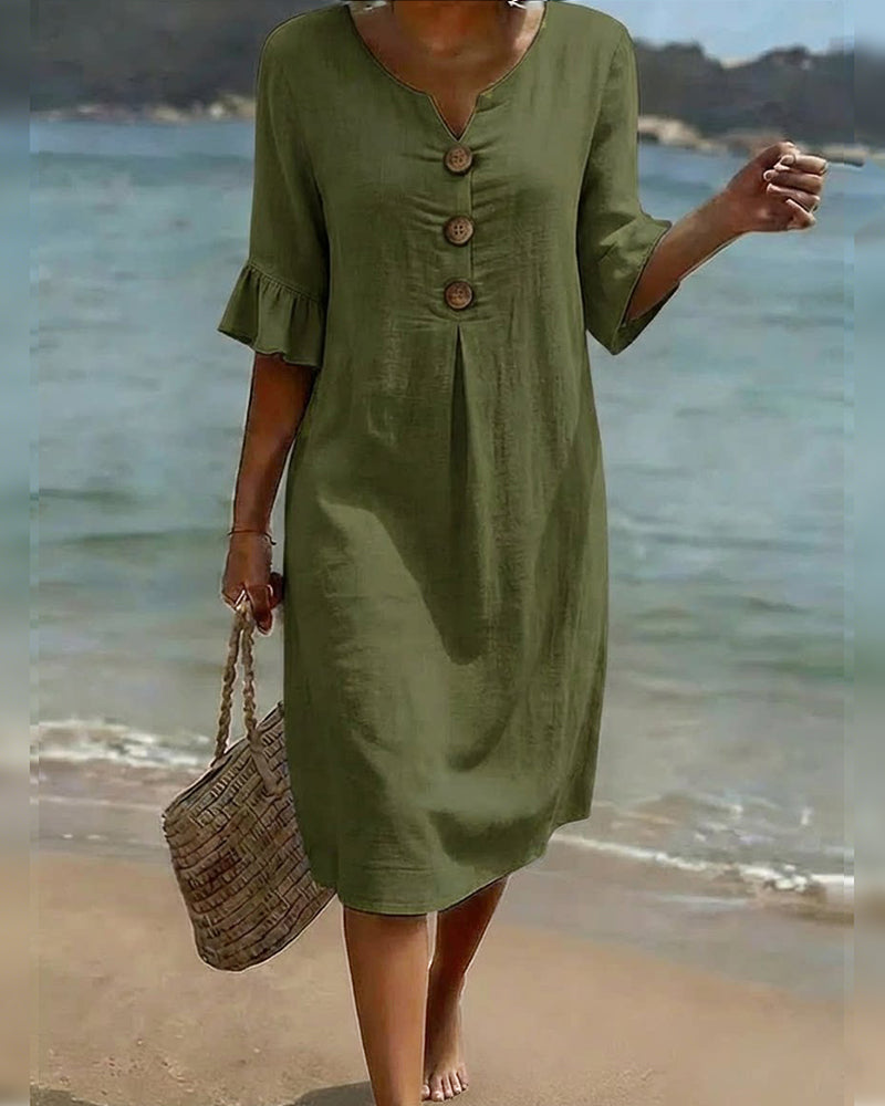 Buttoned Ruffled Sleeve Dress 100% Cotton