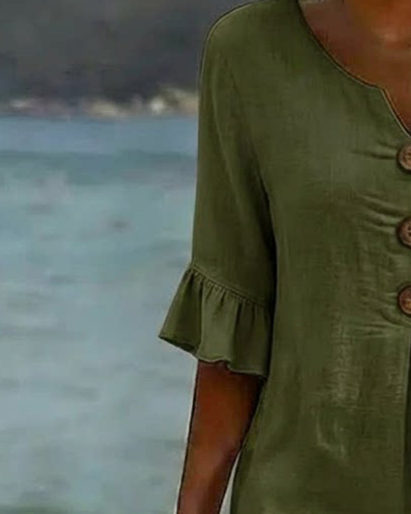 Buttoned Ruffled Sleeve Dress 100% Cotton