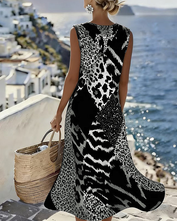 Sleeveless Long Leopard Print Patchwork Dress