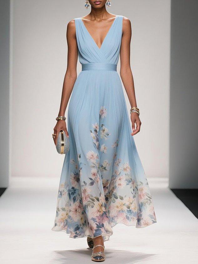Rose | Light Blue Floral Chiffon Maxi Dress with V-Neck