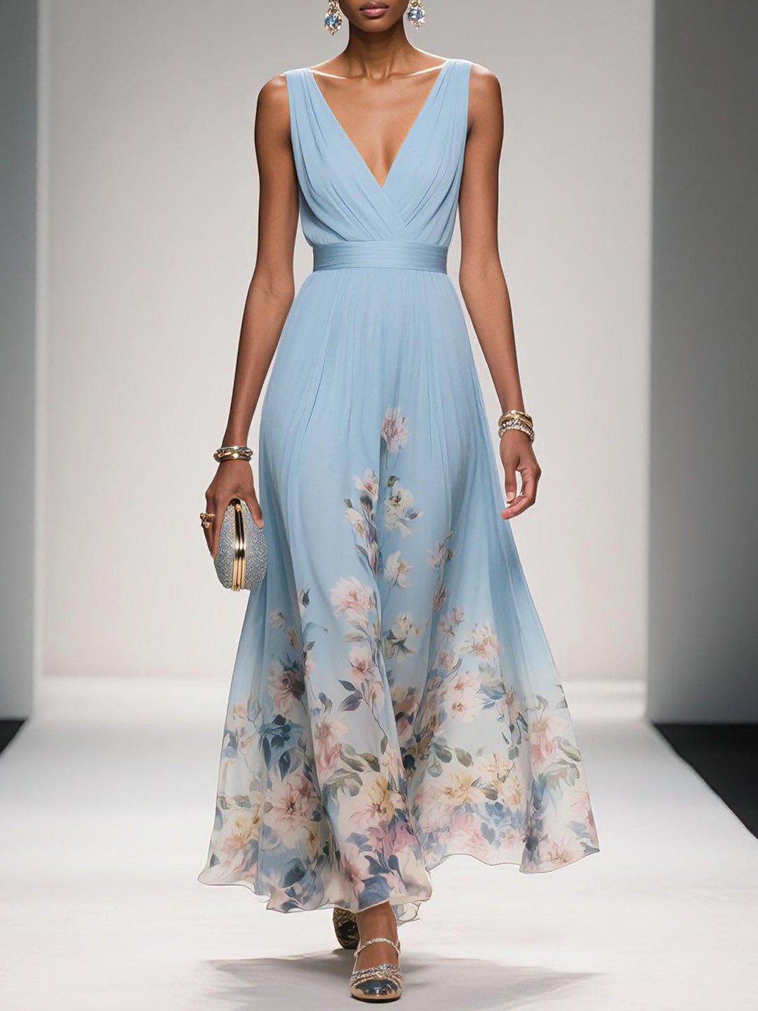 Rose | Light Blue Floral Chiffon Maxi Dress with V-Neck