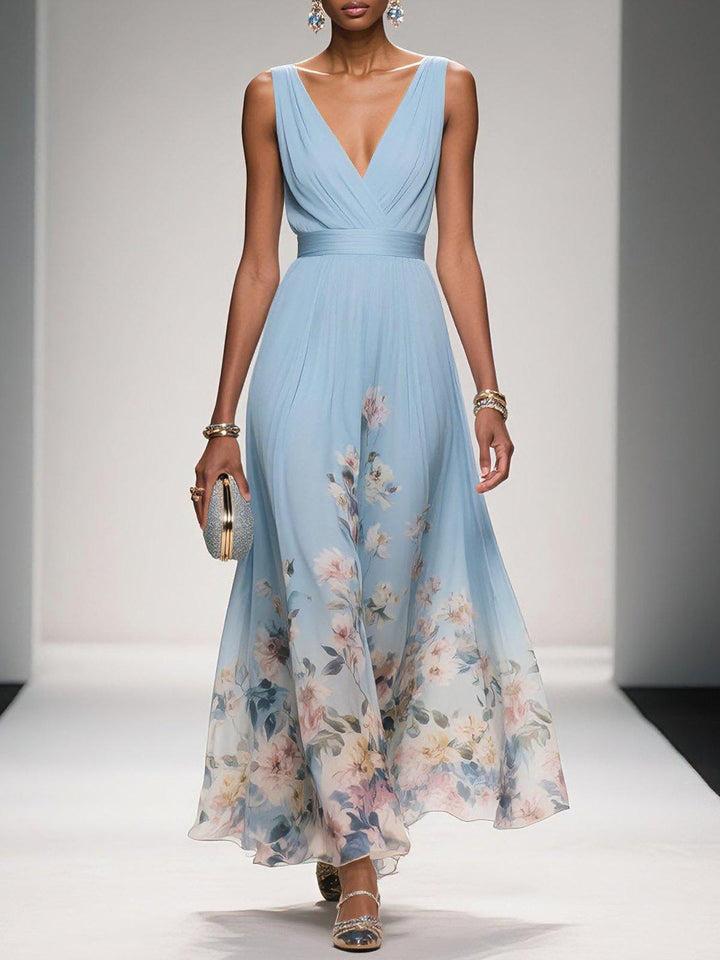 Rose | Light Blue Floral Chiffon Maxi Dress with V-Neck