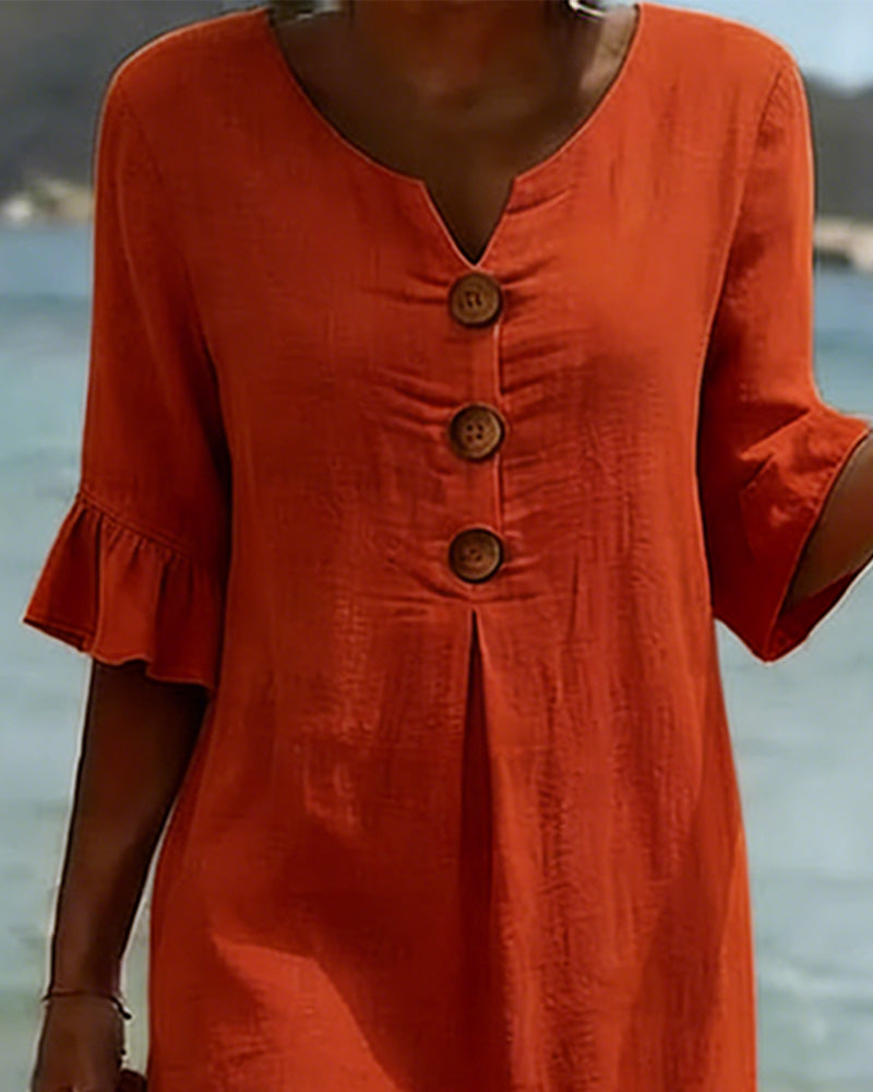 Buttoned Ruffled Sleeve Dress 100% Cotton
