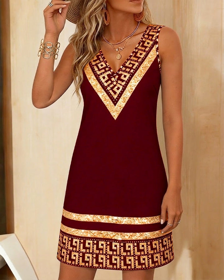 Sleeveless V-Neck Dress with Print Placement