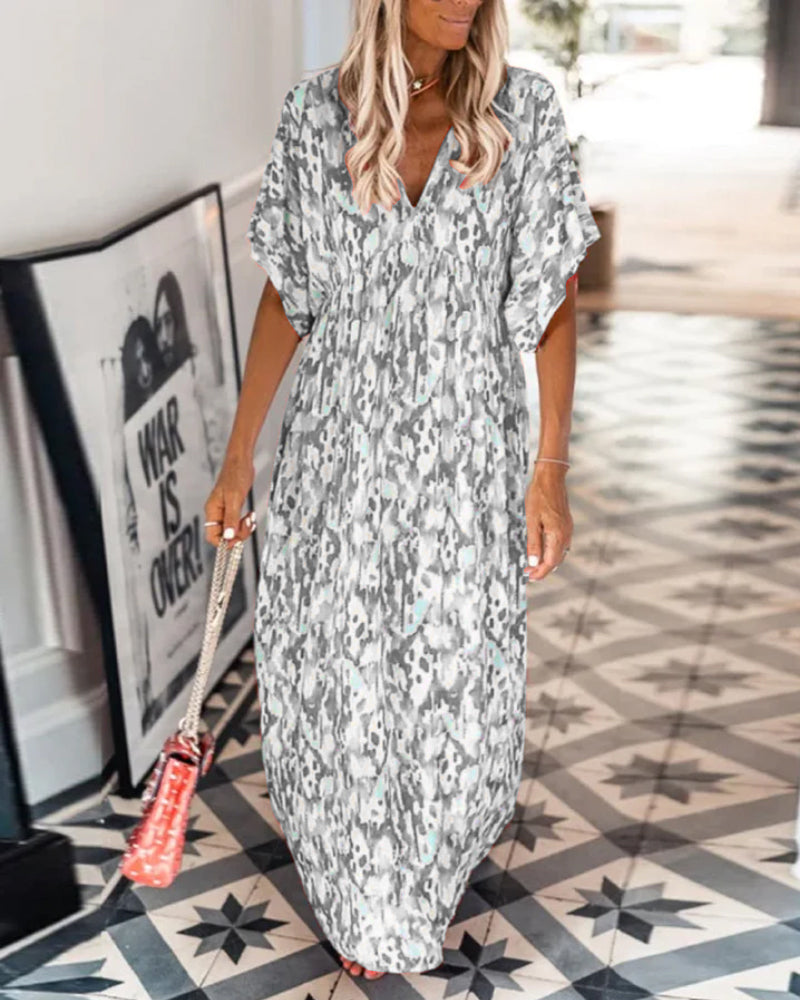 Trendy V-neck Printed Dress with Short Sleeves