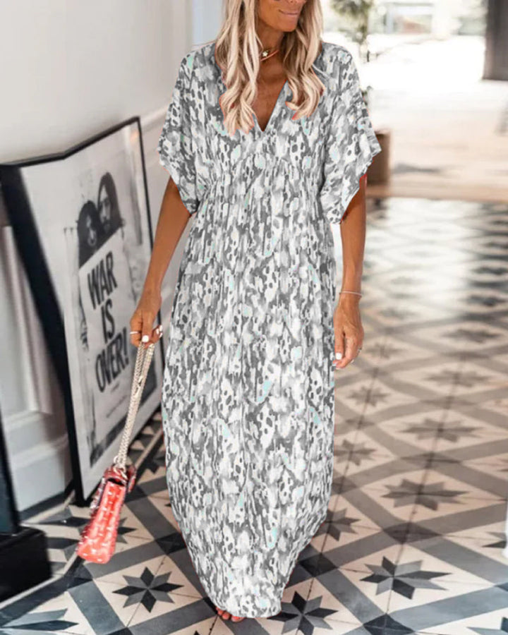 Trendy V-neck Printed Dress with Short Sleeves