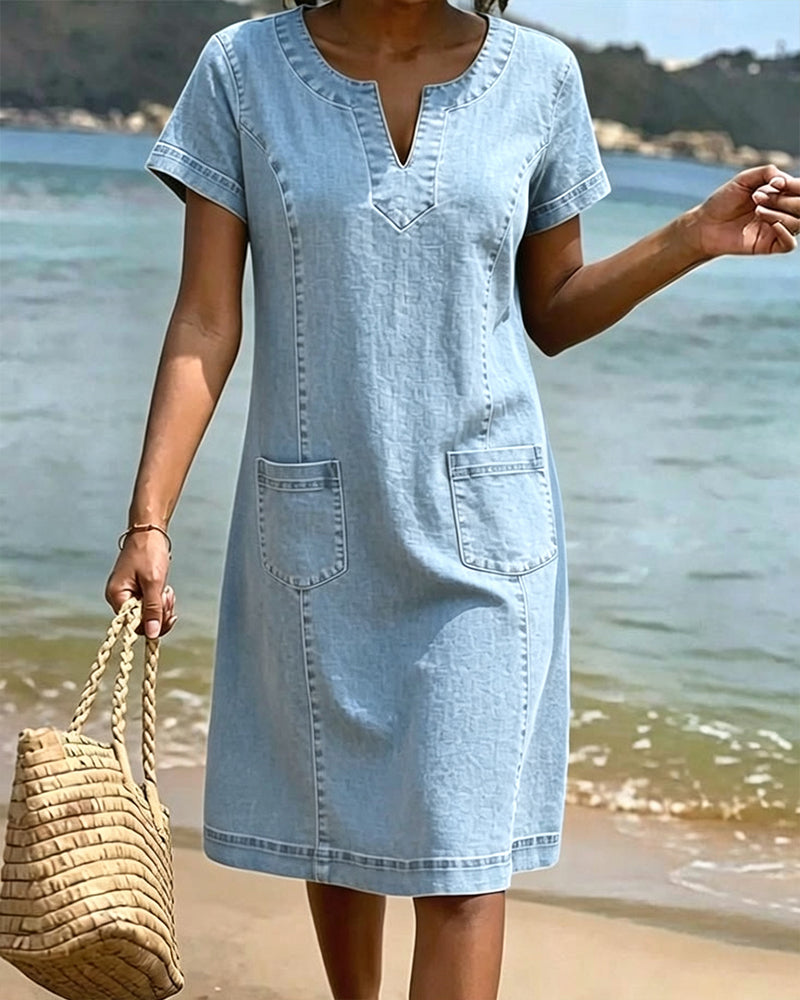 Casual Sheath Dress Pocket Small V-Neck