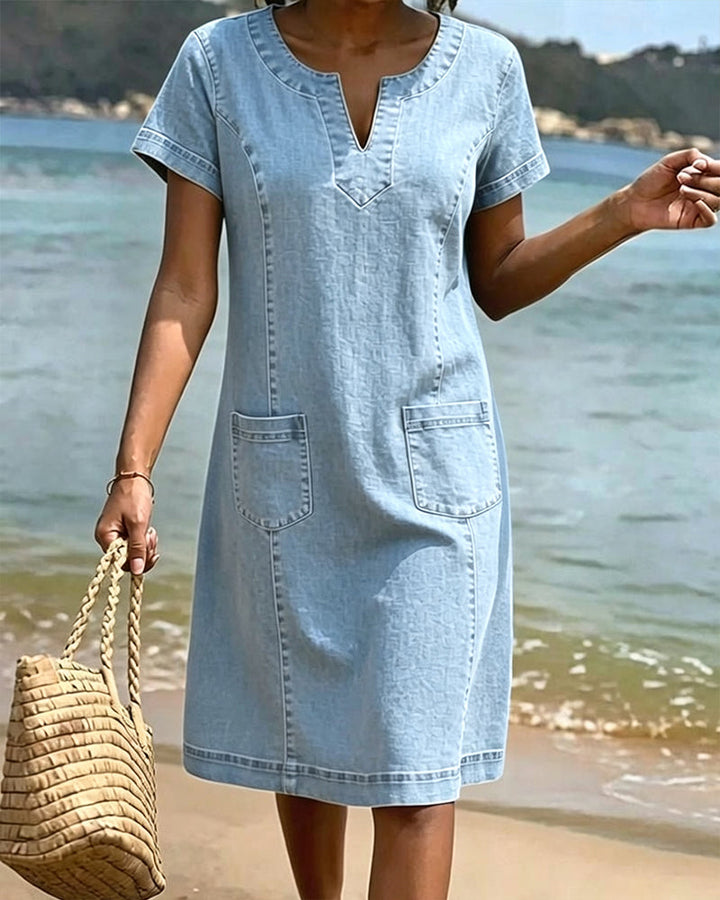 Casual Sheath Dress Pocket Small V-Neck