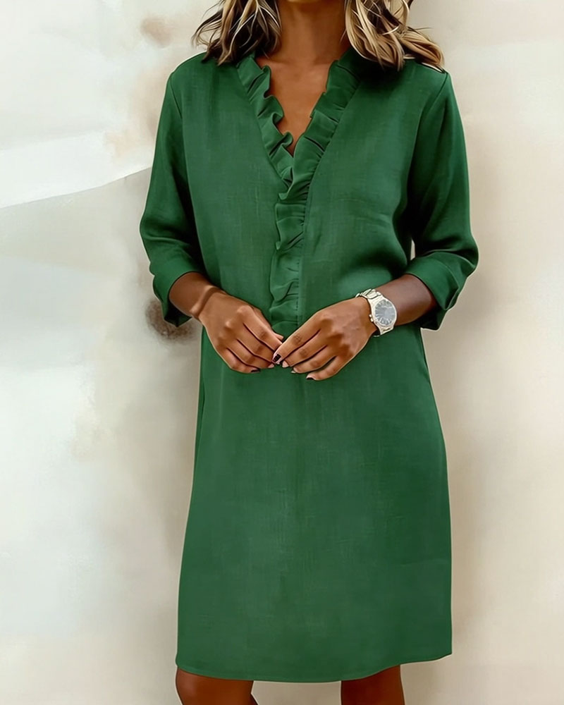 Ruffled V-Neck Solid Dress