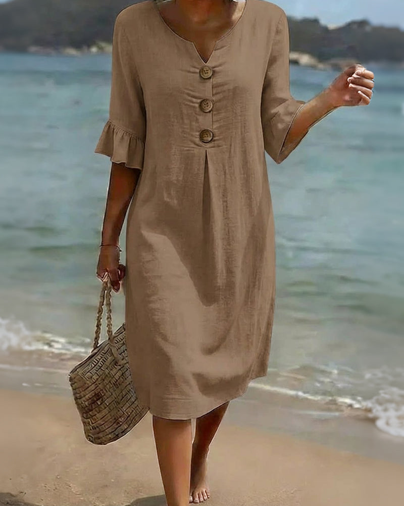 Buttoned Ruffled Sleeve Dress 100% Cotton